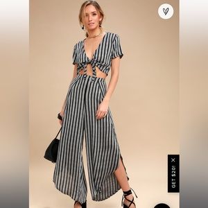 Lulus Grey and Black Striped Two-Piece Jumpsuit - Size Small